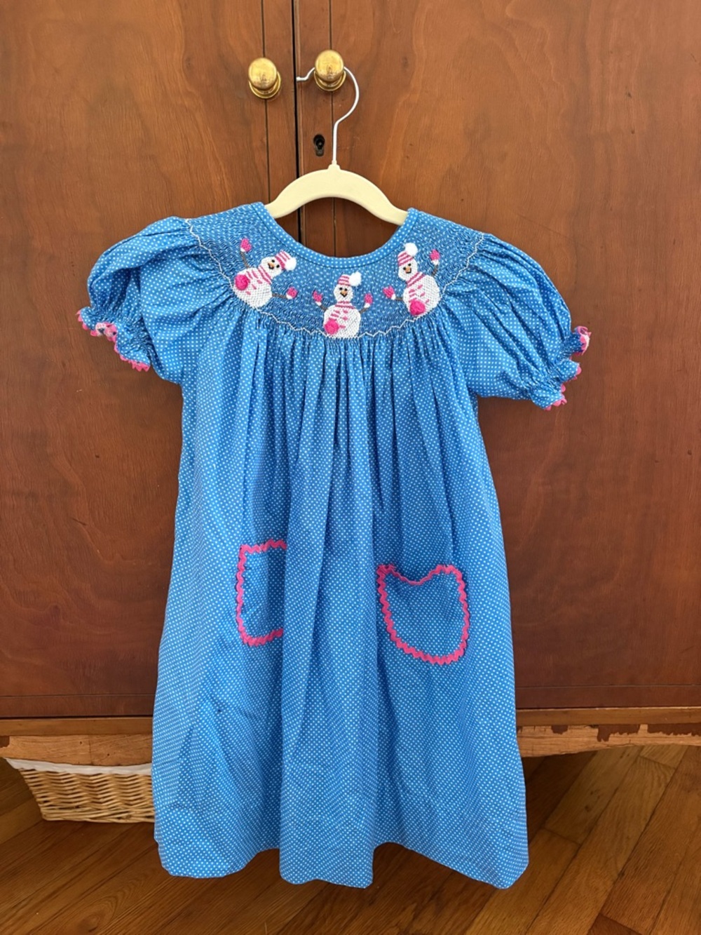 Blue Polka Dot Smocked Kids Casual Dress with Pink Trim
